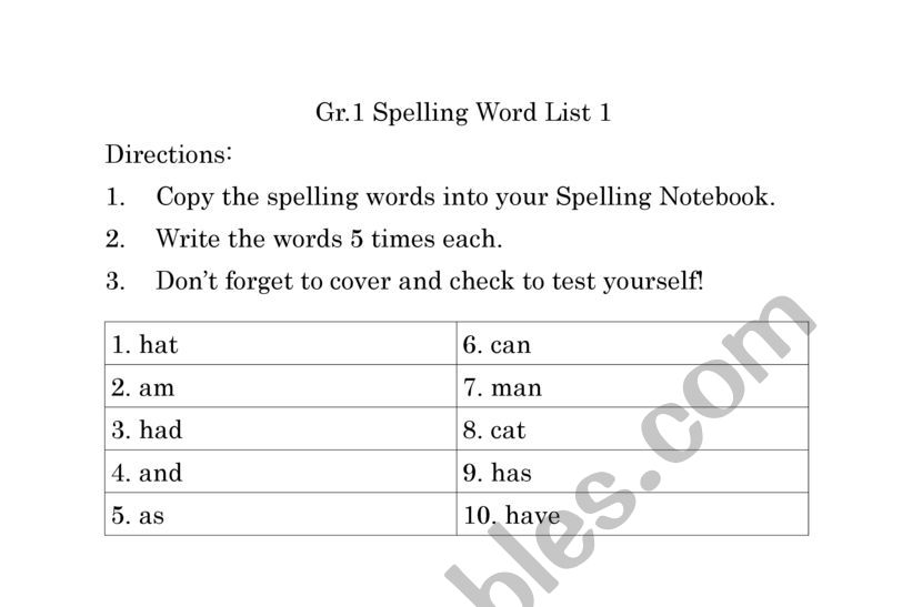 Gr.1 Spelling list 1 worksheet