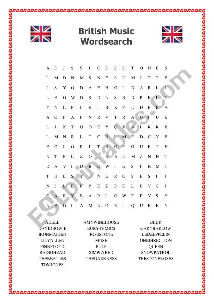 BRITISH MUSIC WORDSEARCH worksheet