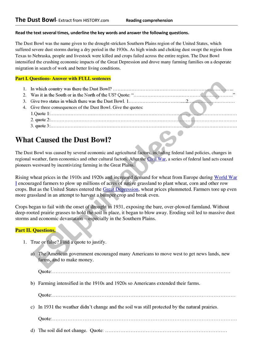 Dust Bowl reading comprehension