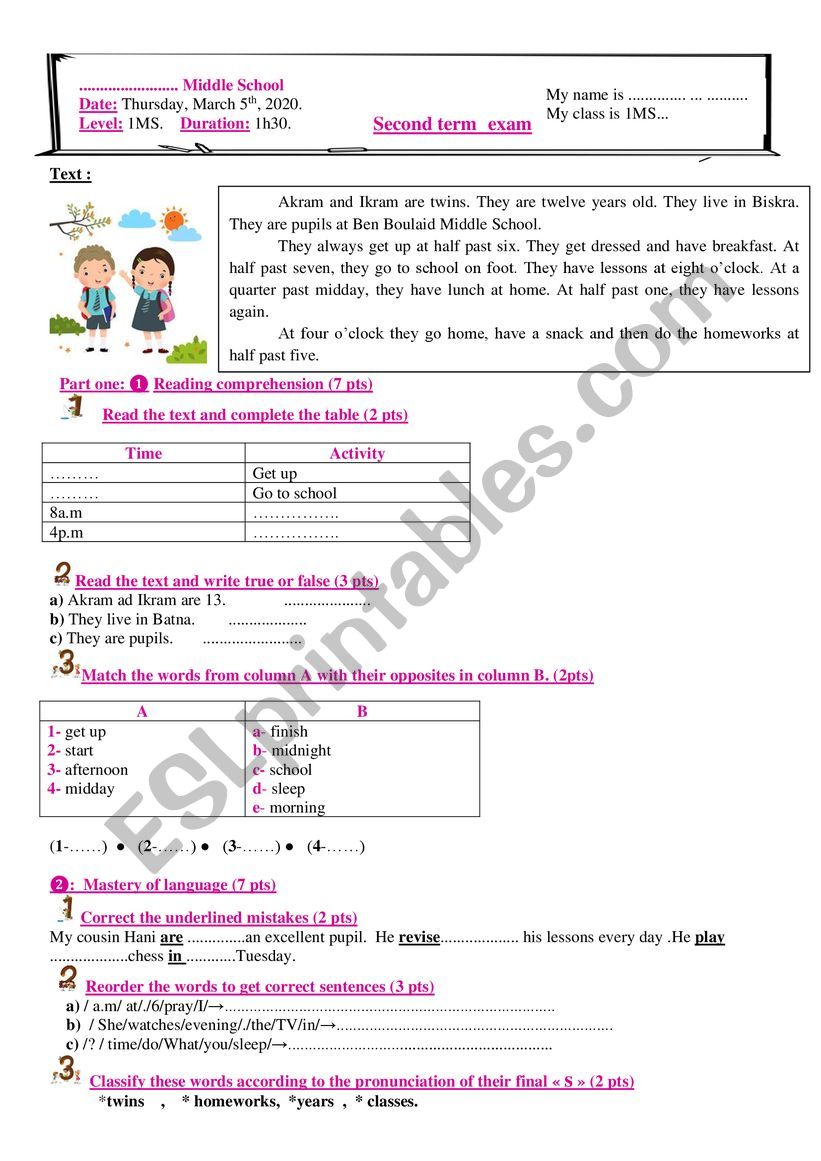 1MS SECOND EXAMINATION worksheet