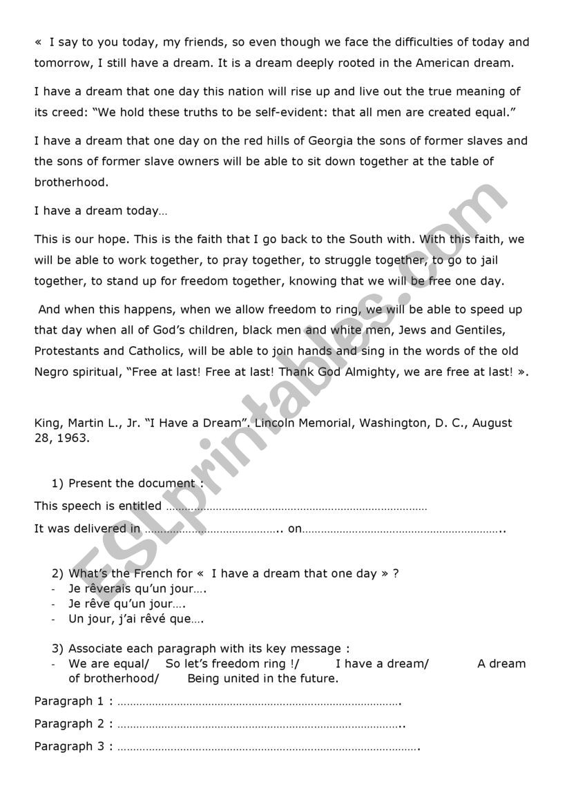 I have a dream written comprehension