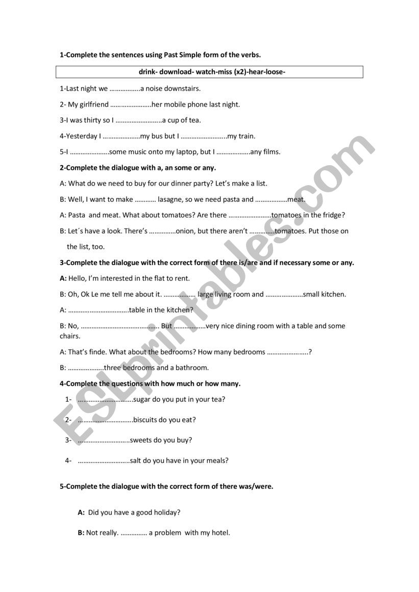 Past Simple Some Any worksheet