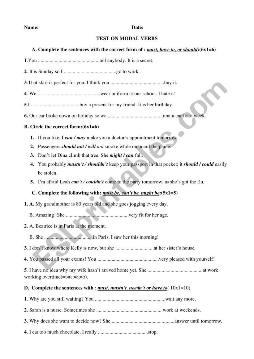 Modal verbs worksheet