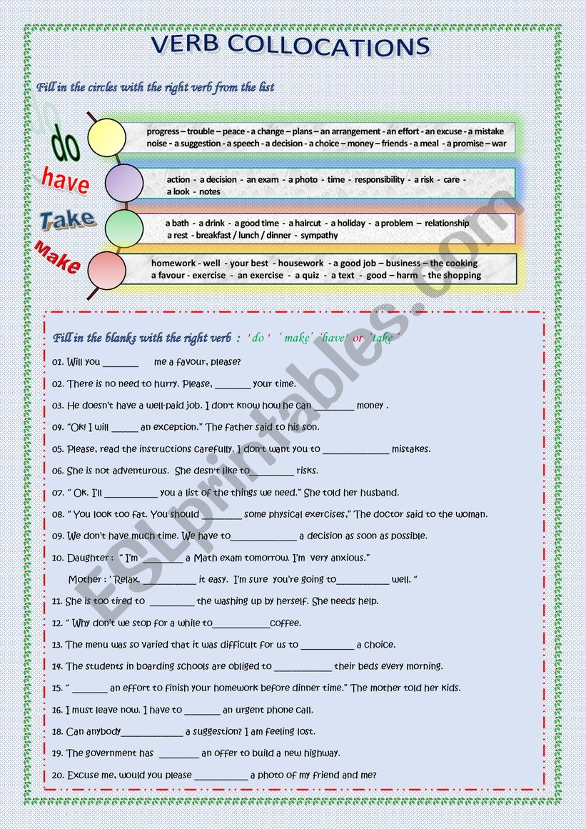 VERB COLOCATIONS WITH DO, MAKE, HAVE AND TAKE