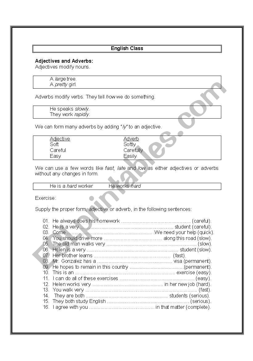 Adjectives and adverbs worksheet