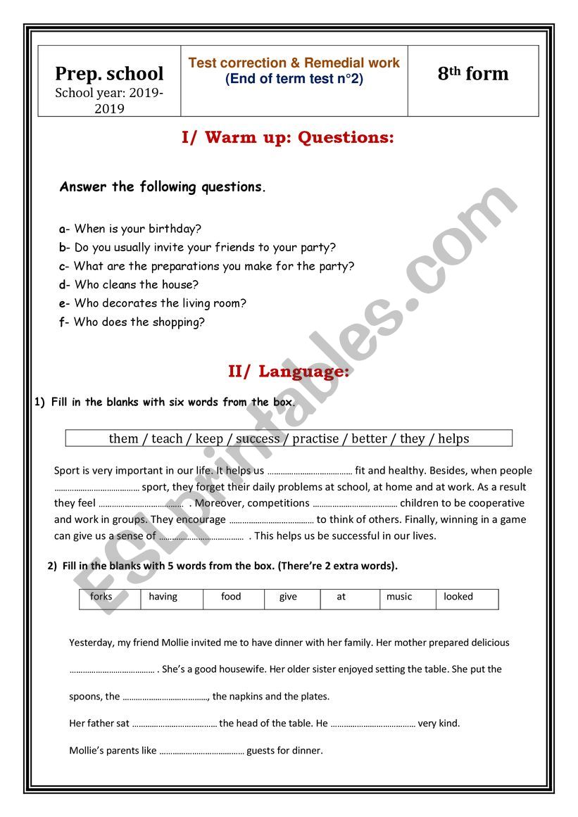 8th form - Test correction and remedial work