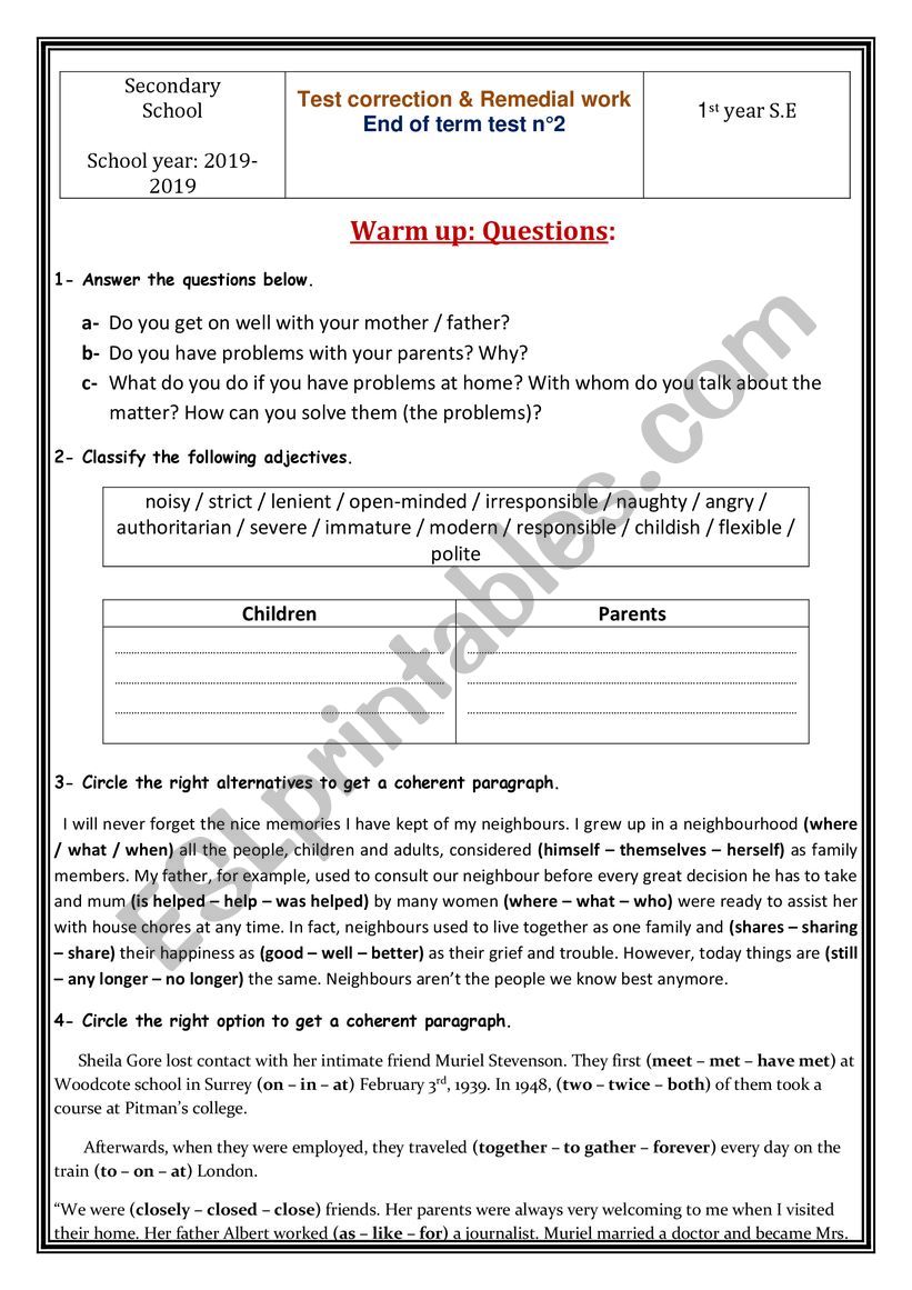 1st form - Test correction and remedial work