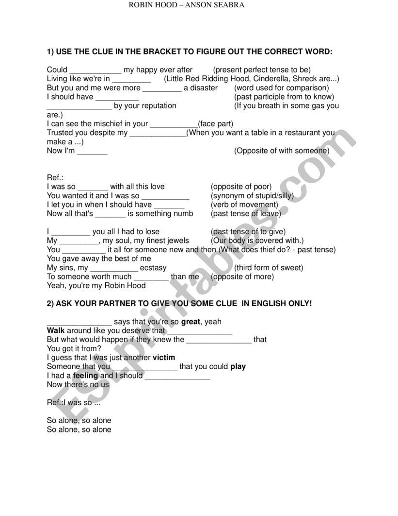 Anson Seabra - Robin Hood worksheet