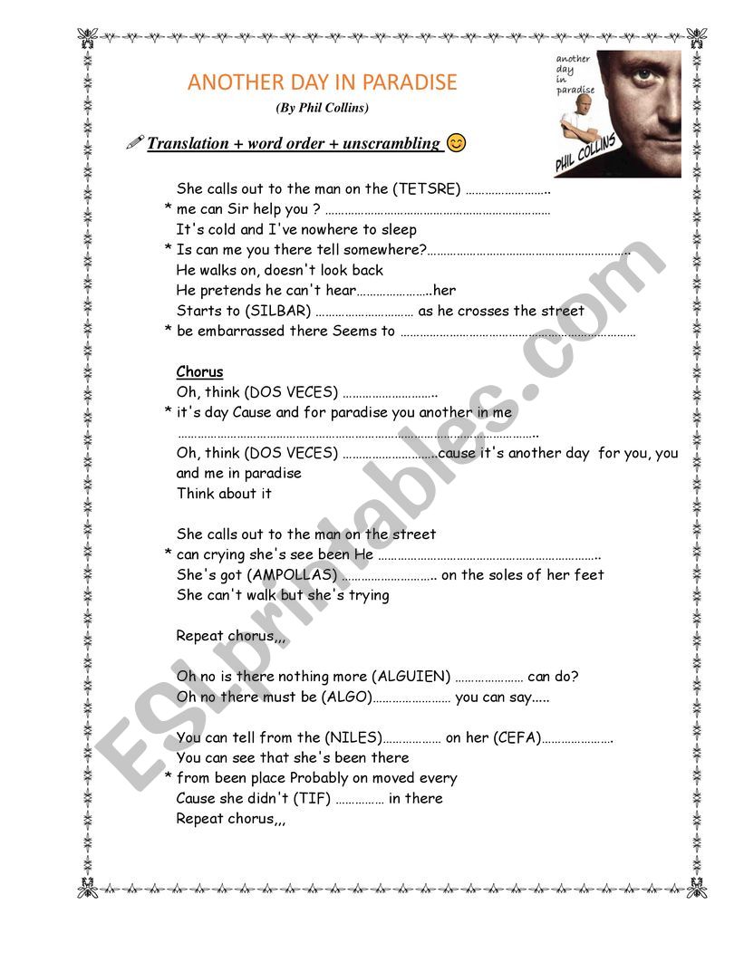 Song: Another Day in Paradise - ESL worksheet by mundico