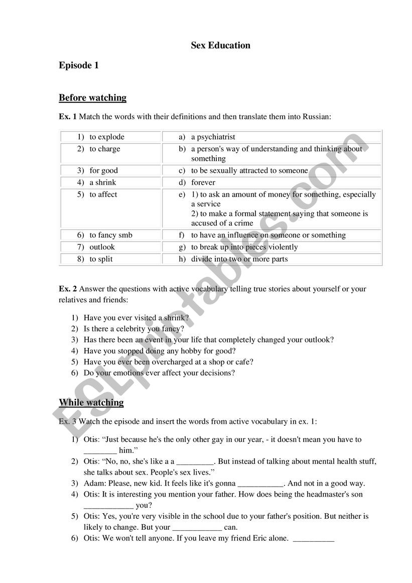 Sex Education Worksheet Esl Worksheet By Nataliiagolosova