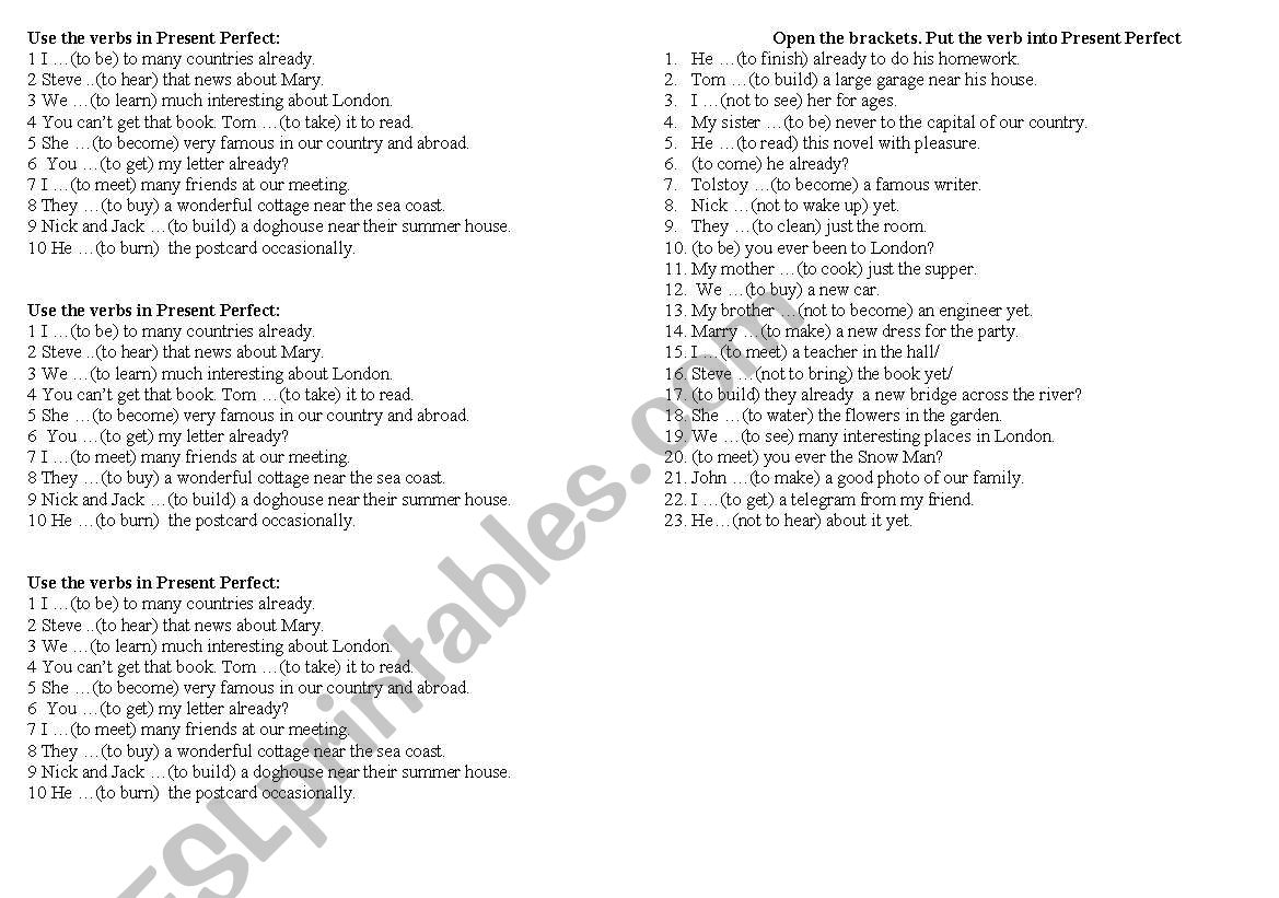 EXERCISES ON PRESENT PERFECT worksheet