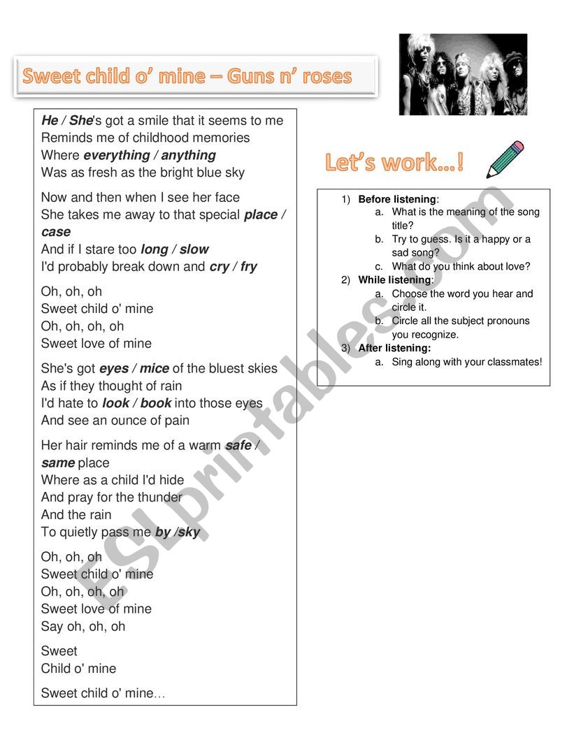 Sweet Child Oi Mine Esl Worksheet By Zettakai