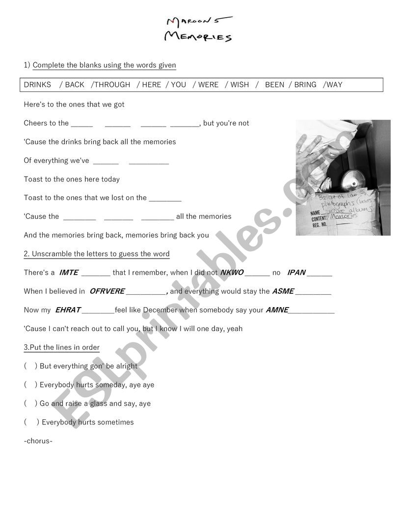 Memories by Maroon 5 worksheet