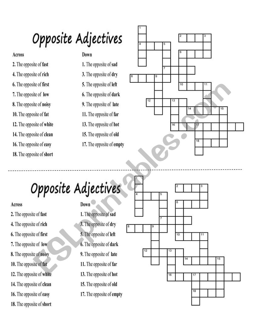 OPPOSITE ADJECTIVES CROSSWORD 2