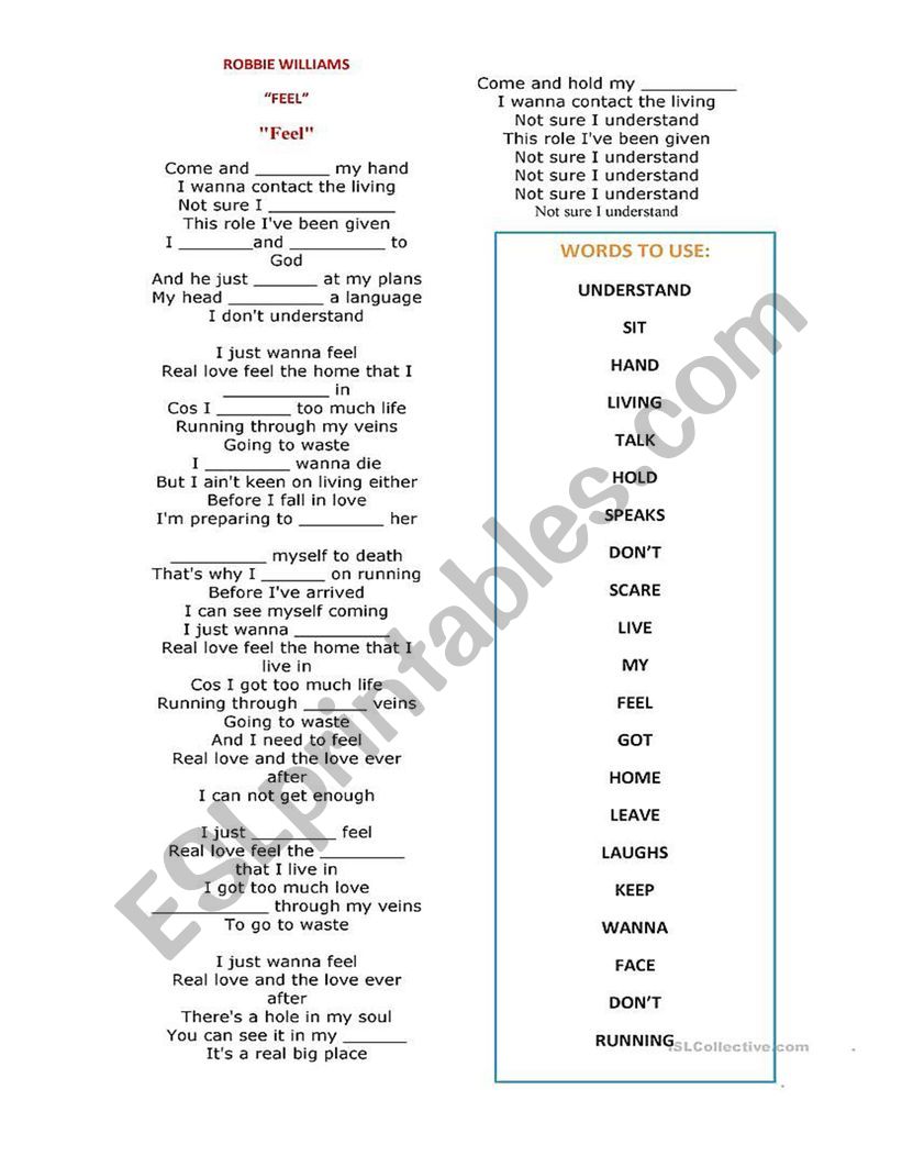 Feel - Robbie Williams worksheet