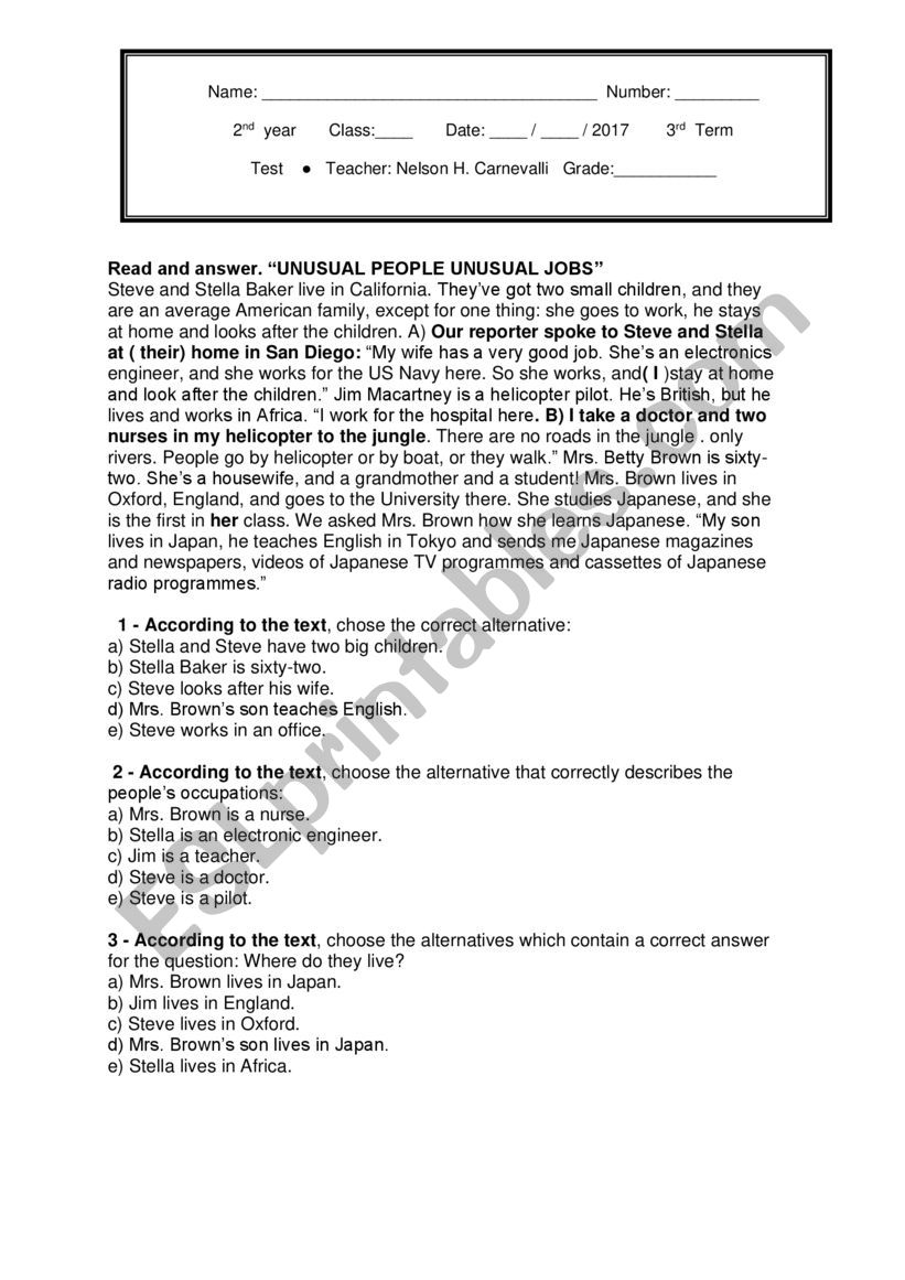 Test High school 2nd grade worksheet