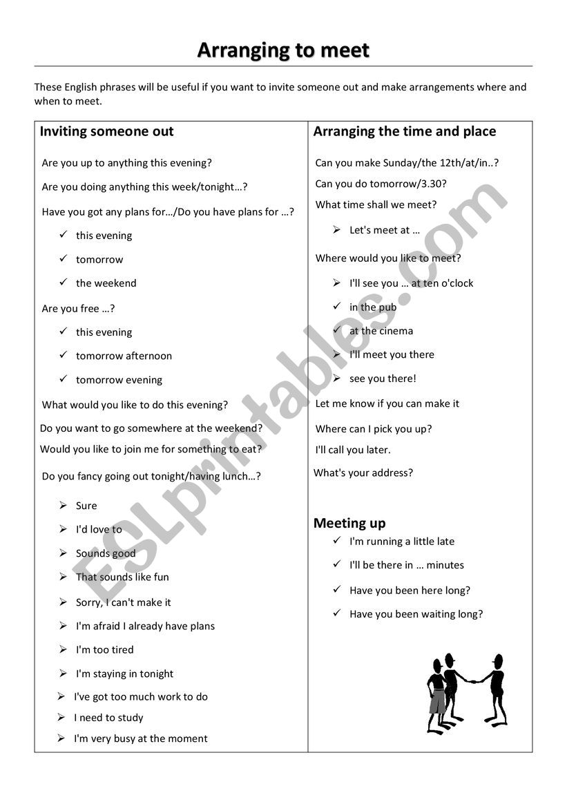 Arranging to meet worksheet