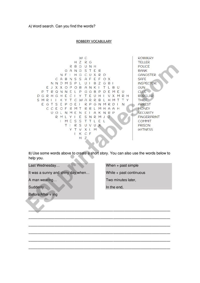 robbery word search worksheet