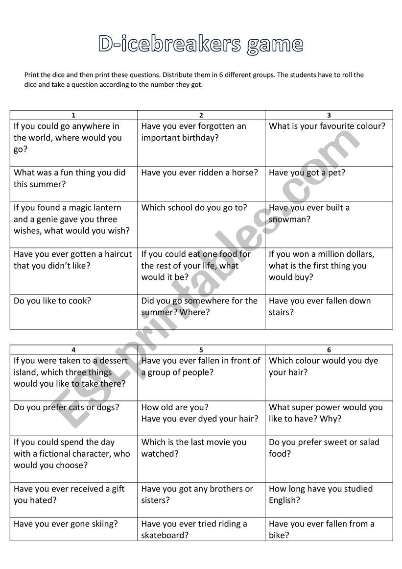 D-icebreakers game to practise speaking