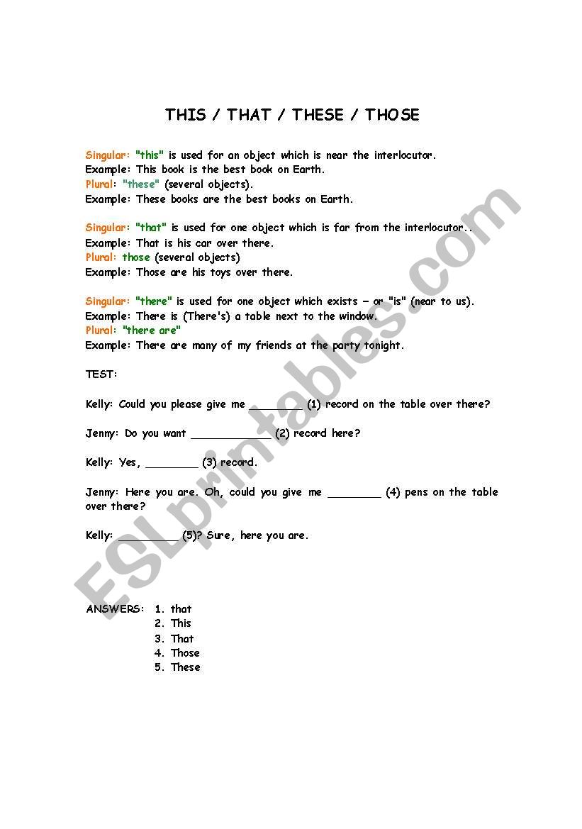 This/That/These/Those worksheet