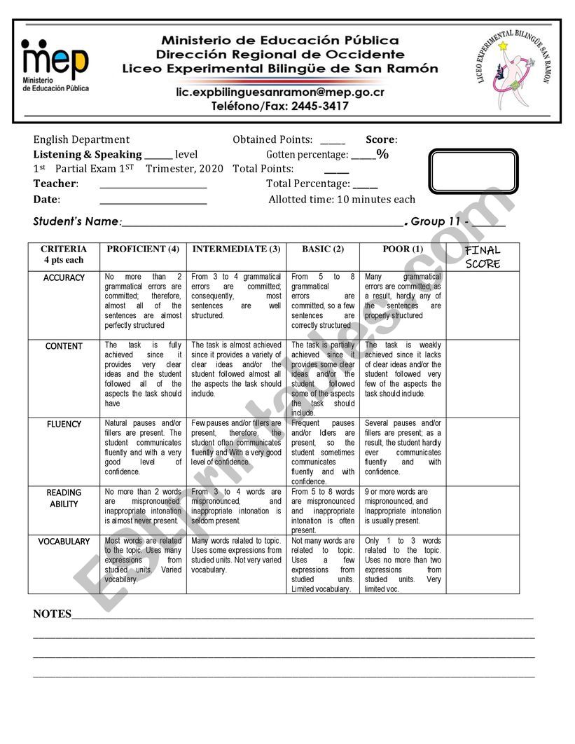 Speaking rubric worksheet