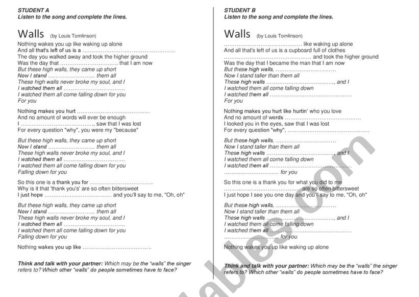 WALLS (by Louis Tomlinson) worksheet