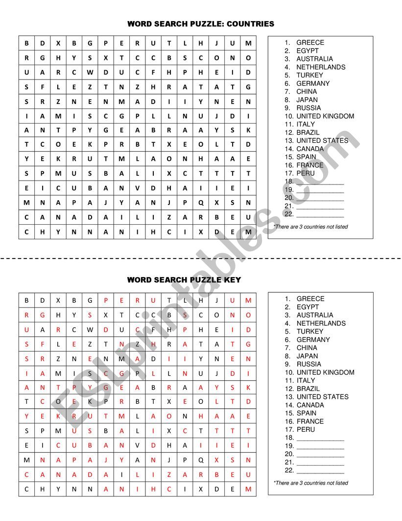 WORD SEARCH PUZZLE: COUNTRIES worksheet