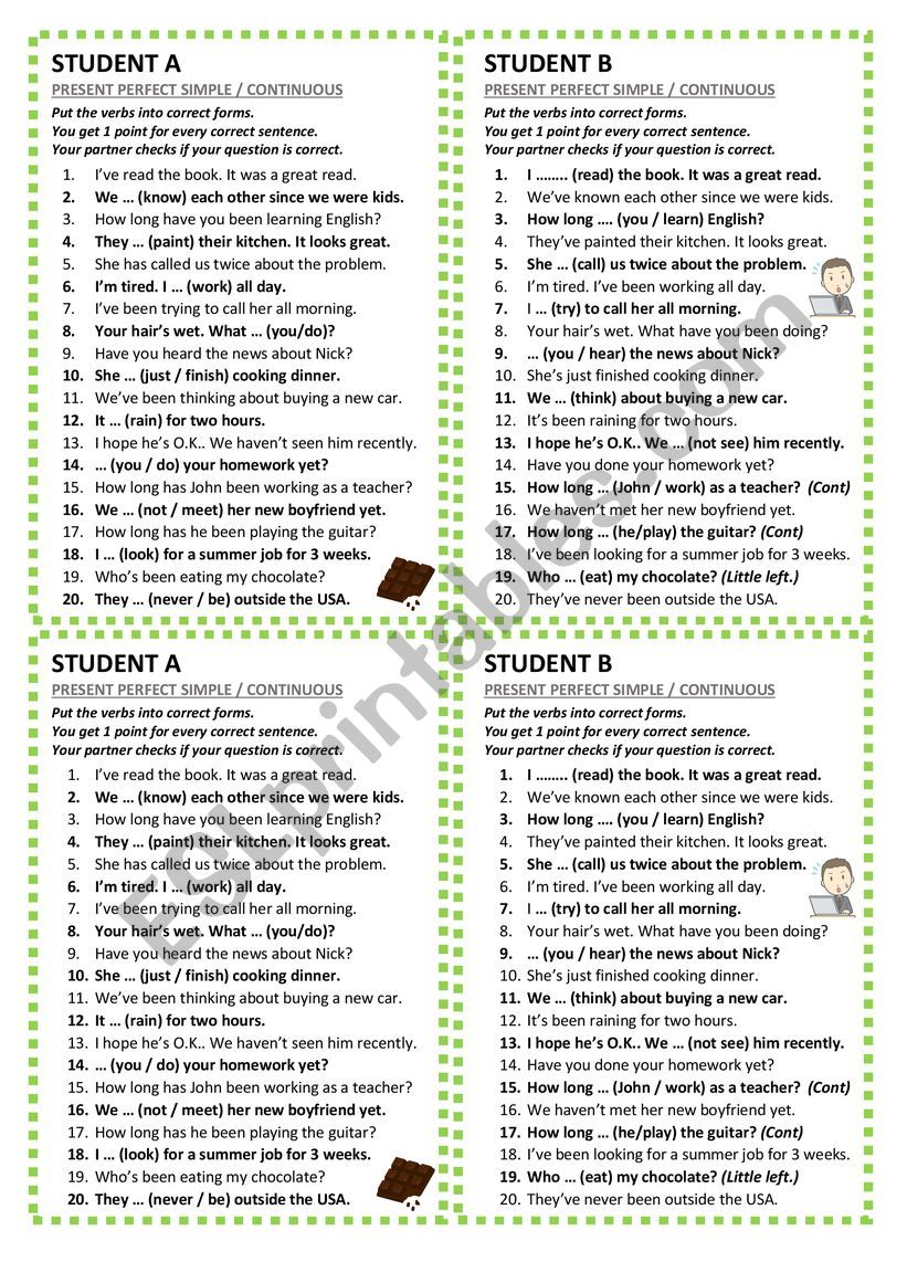 Present Perfect Simple vs Continuous - pair work