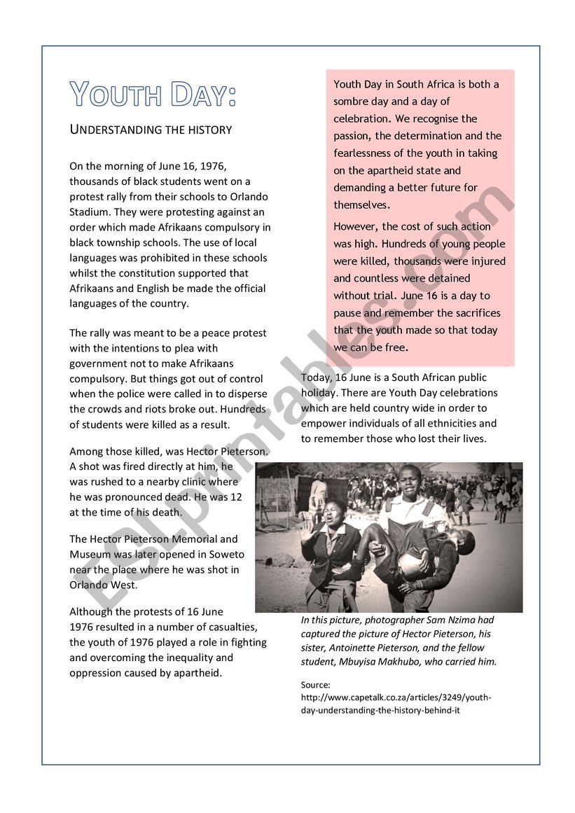 Youth Day in South Africa worksheet