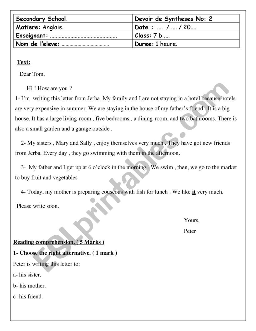 7th form end of term test 2 worksheet