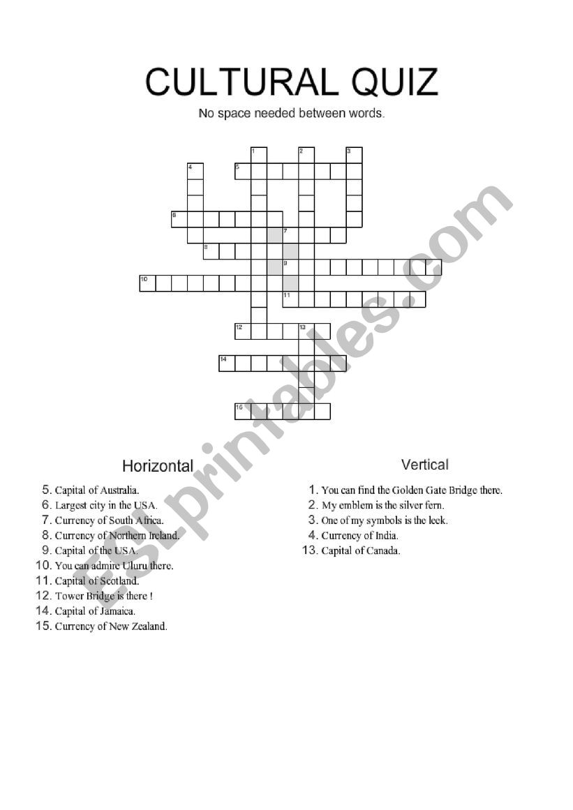 Crossword - cultural quiz on English-Speaking countries
