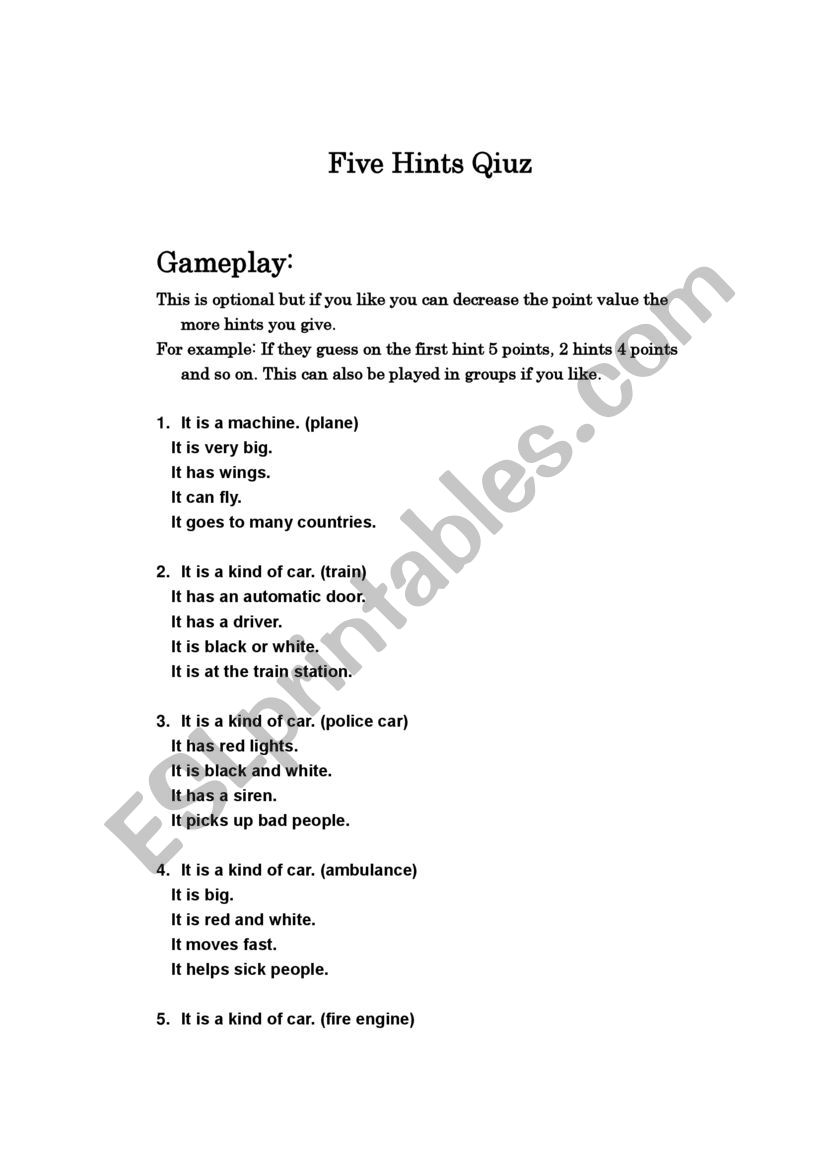 Five Hints Quiz worksheet