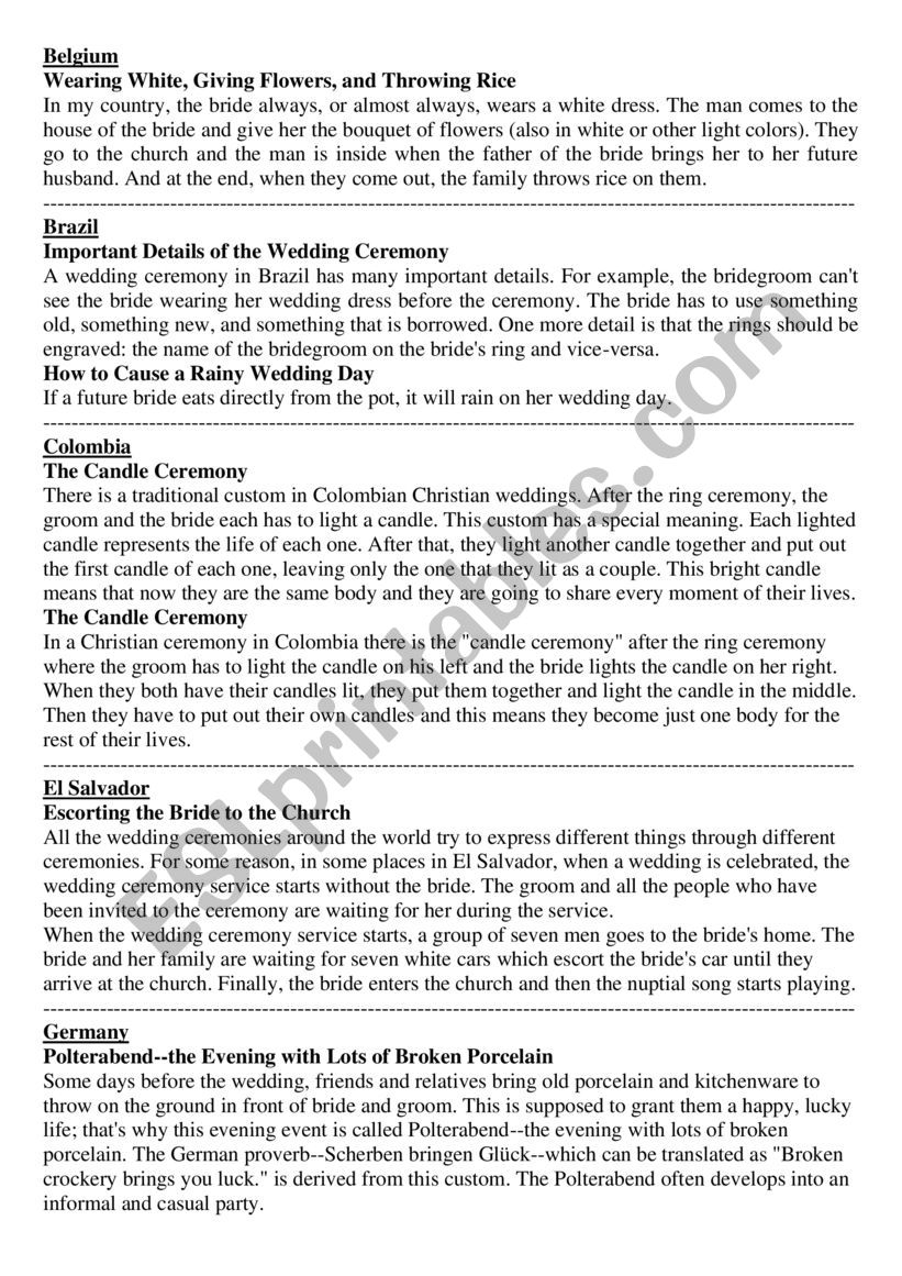  Wedding ceremonies worksheet