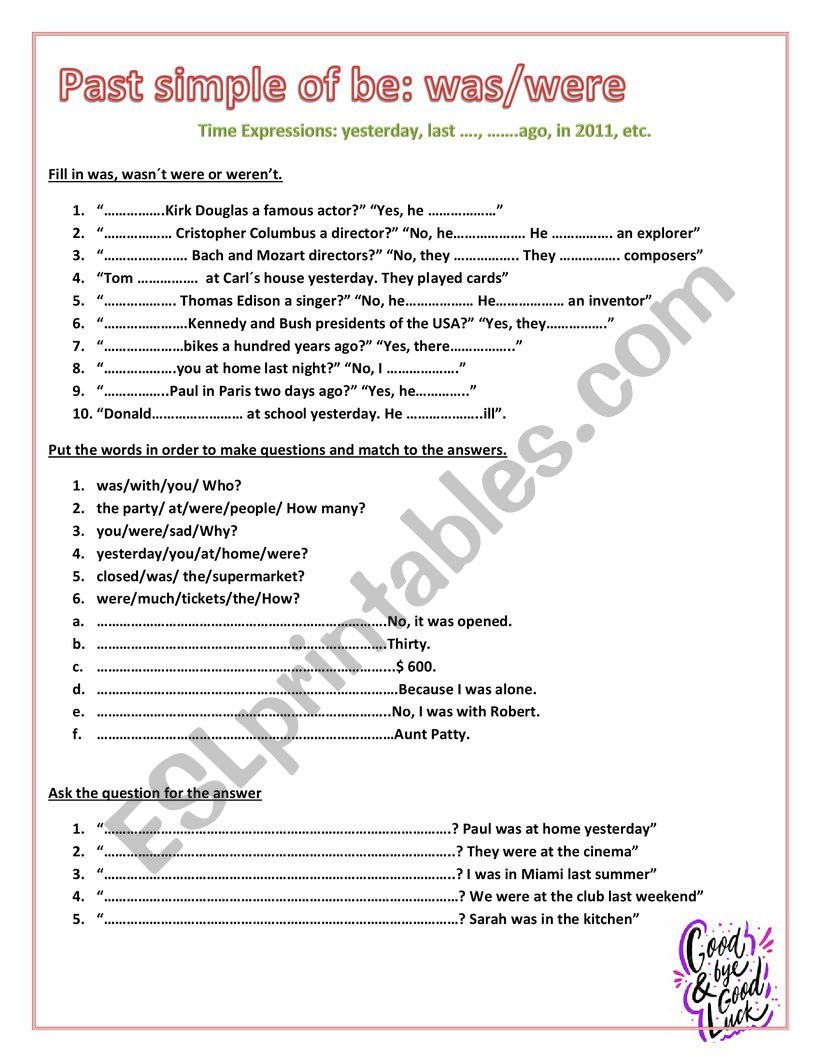 Past Simple: was /were worksheet