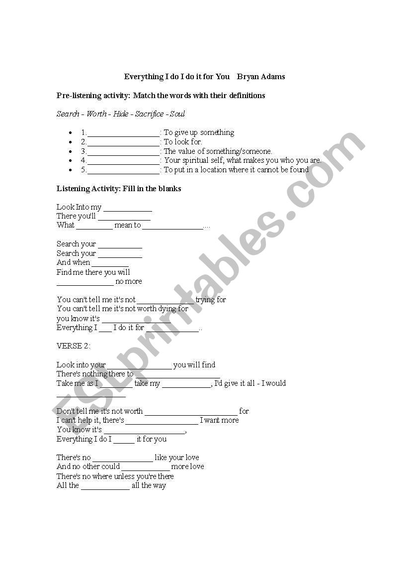 listening a song  worksheet