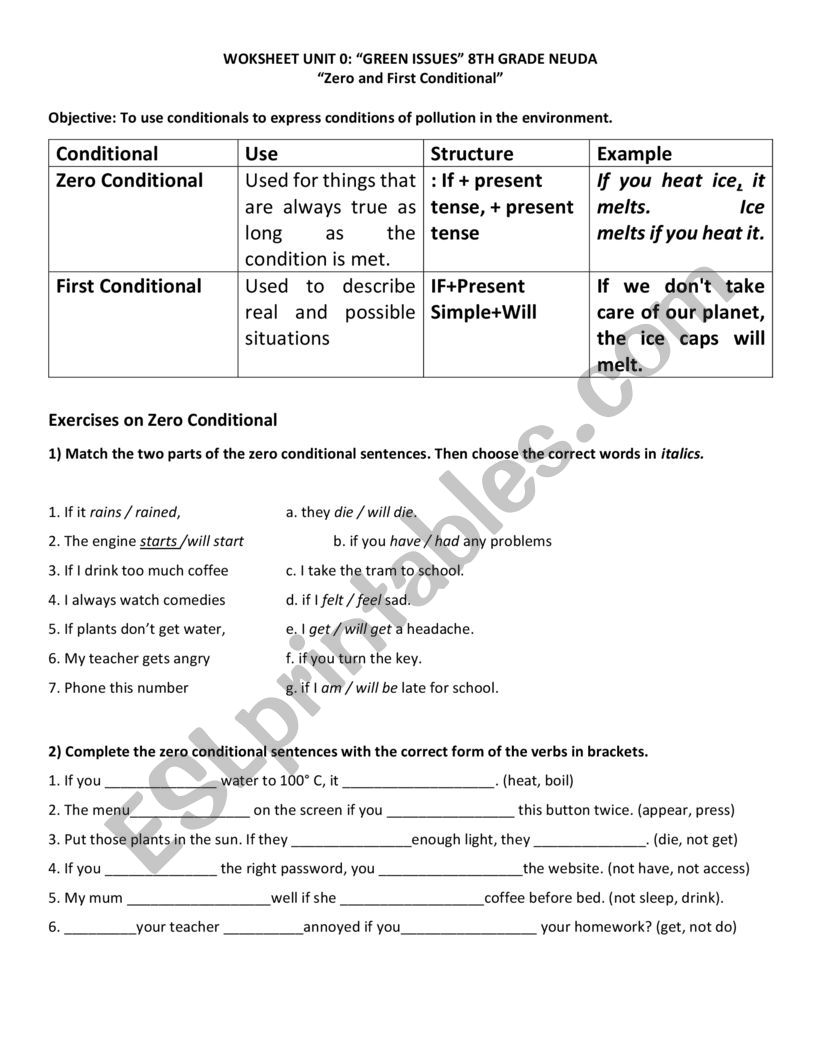 Zero and First conditional worksheet