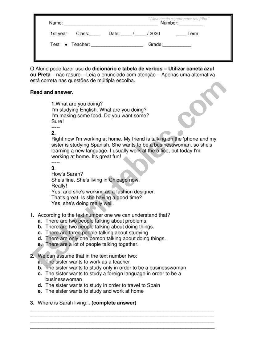 English Test High School worksheet
