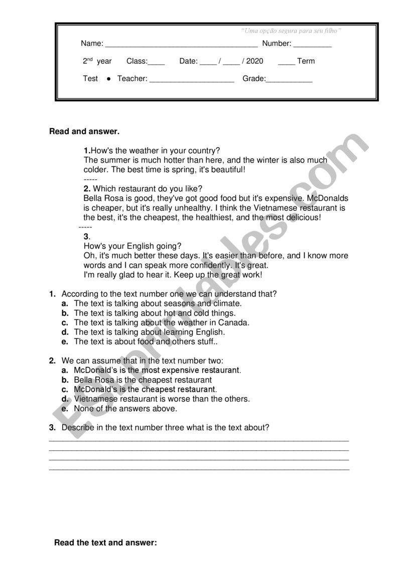 Test High school 2nd grade worksheet