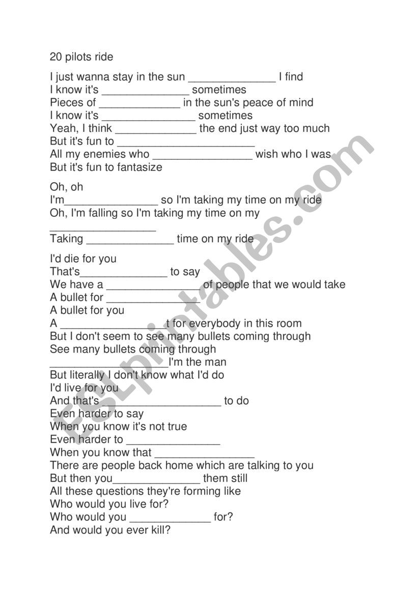 twenty one pilots- ride worksheet