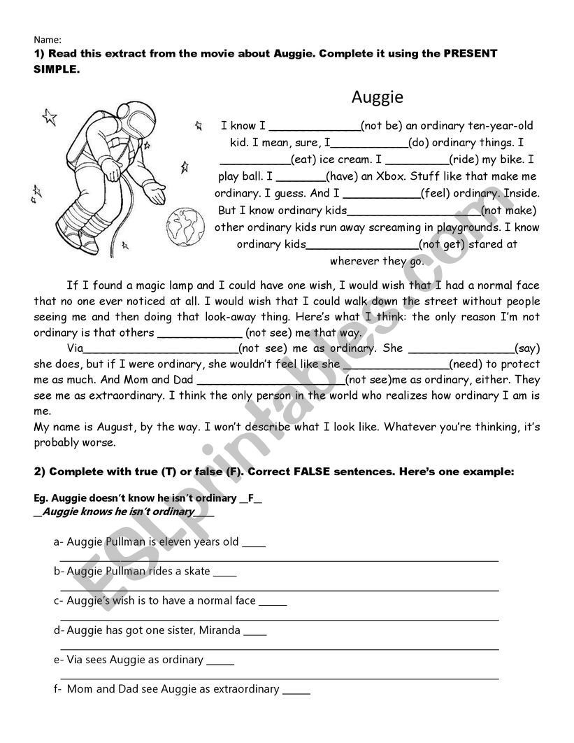 Wonder movie-reading activity worksheet