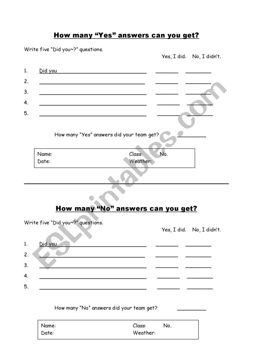 Did you  ? worksheet