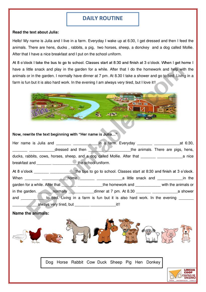JuliaÃ¯Â¿Â½s daily routine worksheet