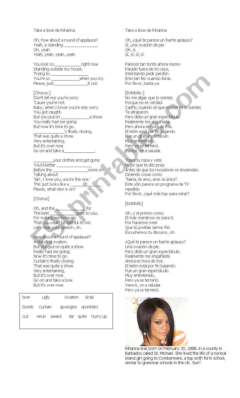 Take a Bow de Rihanna worksheet