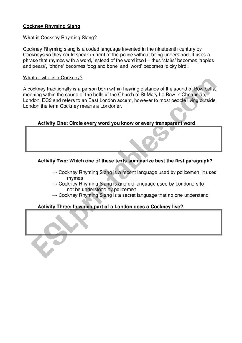 Learn the Cockney Accent worksheet