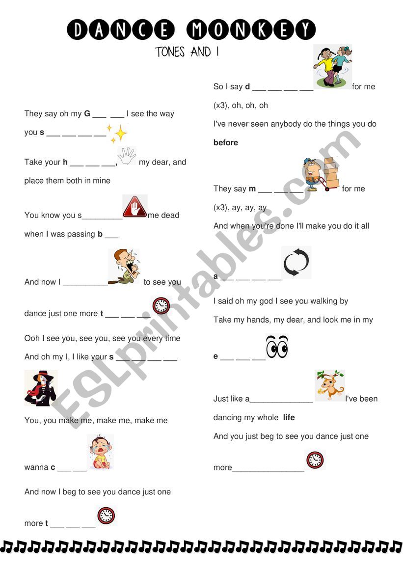 Dance Monkey song and nursery rhyme…: English ESL worksheets pdf & doc