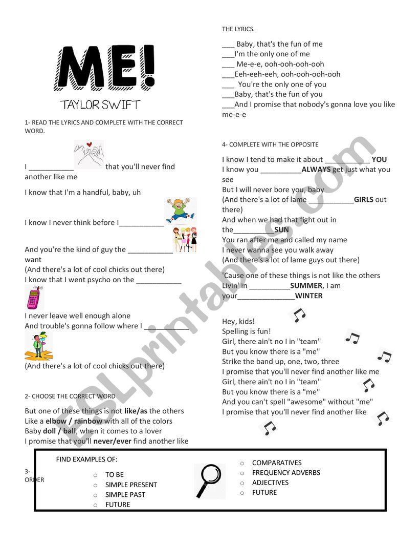 ME! by taylor swift worksheet