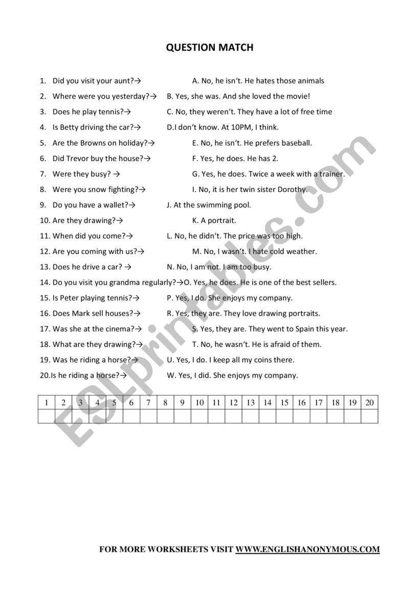 QUESTION MATCH worksheet