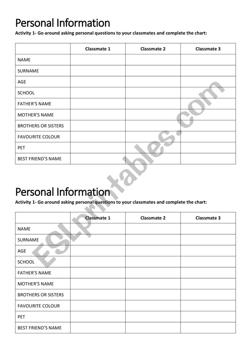 Personal Information worksheet