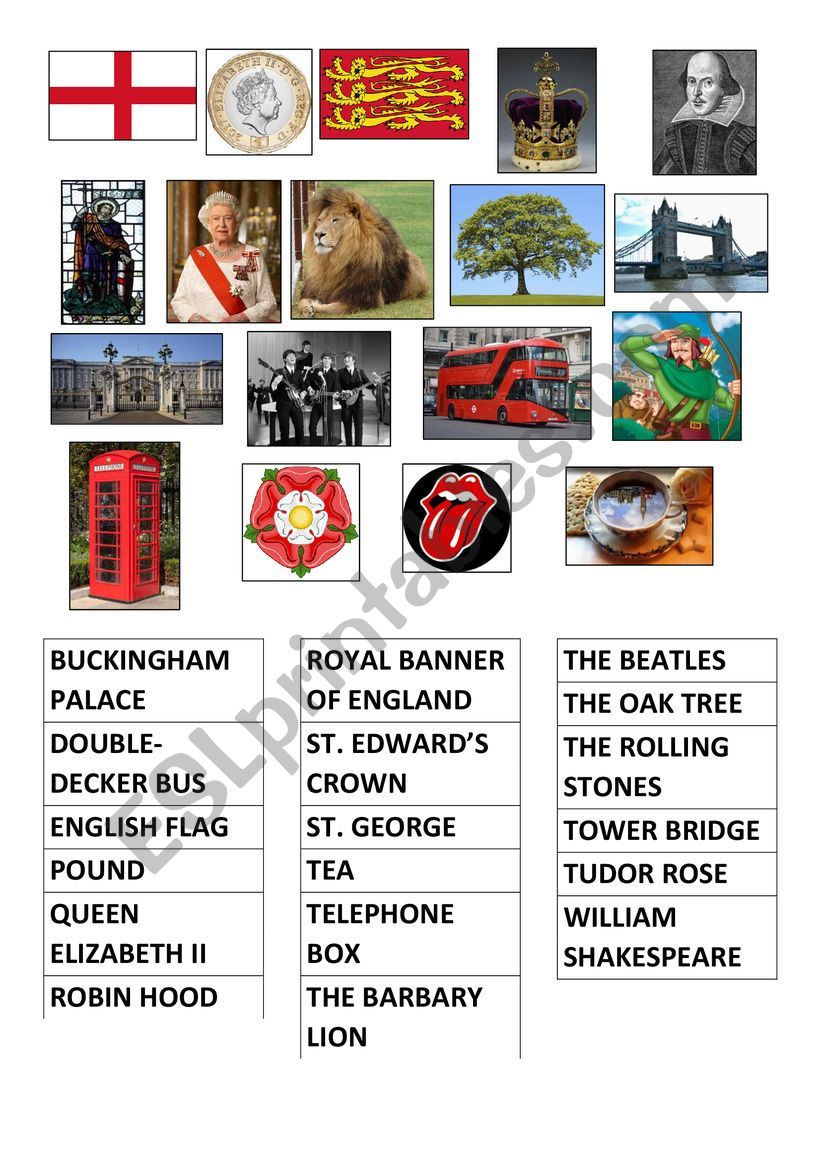 Symbols of England MATCHING worksheet