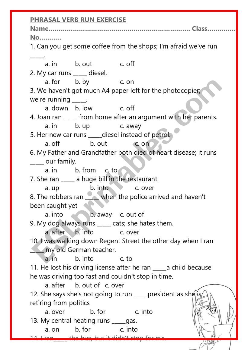 PHRASAL VERBS RUN TEST worksheet
